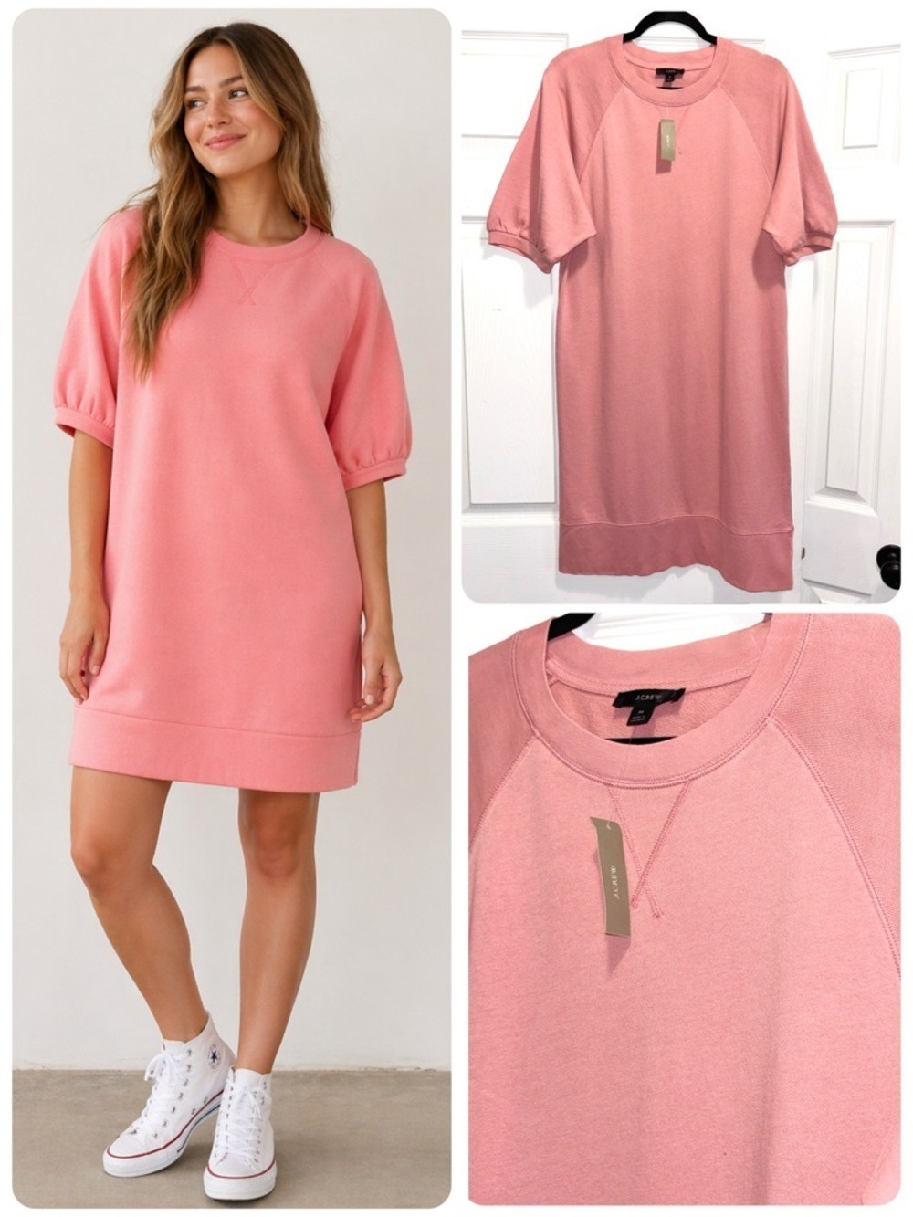 NWT J.Crew Puff Sleeve Sweatshirt Dress Dusty Rose Pink Short Sleeve Medium NEW